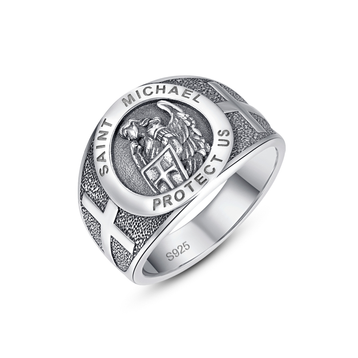 Sterling Silver Cross & Saint Michael Ring with Engraved Word for Men-1