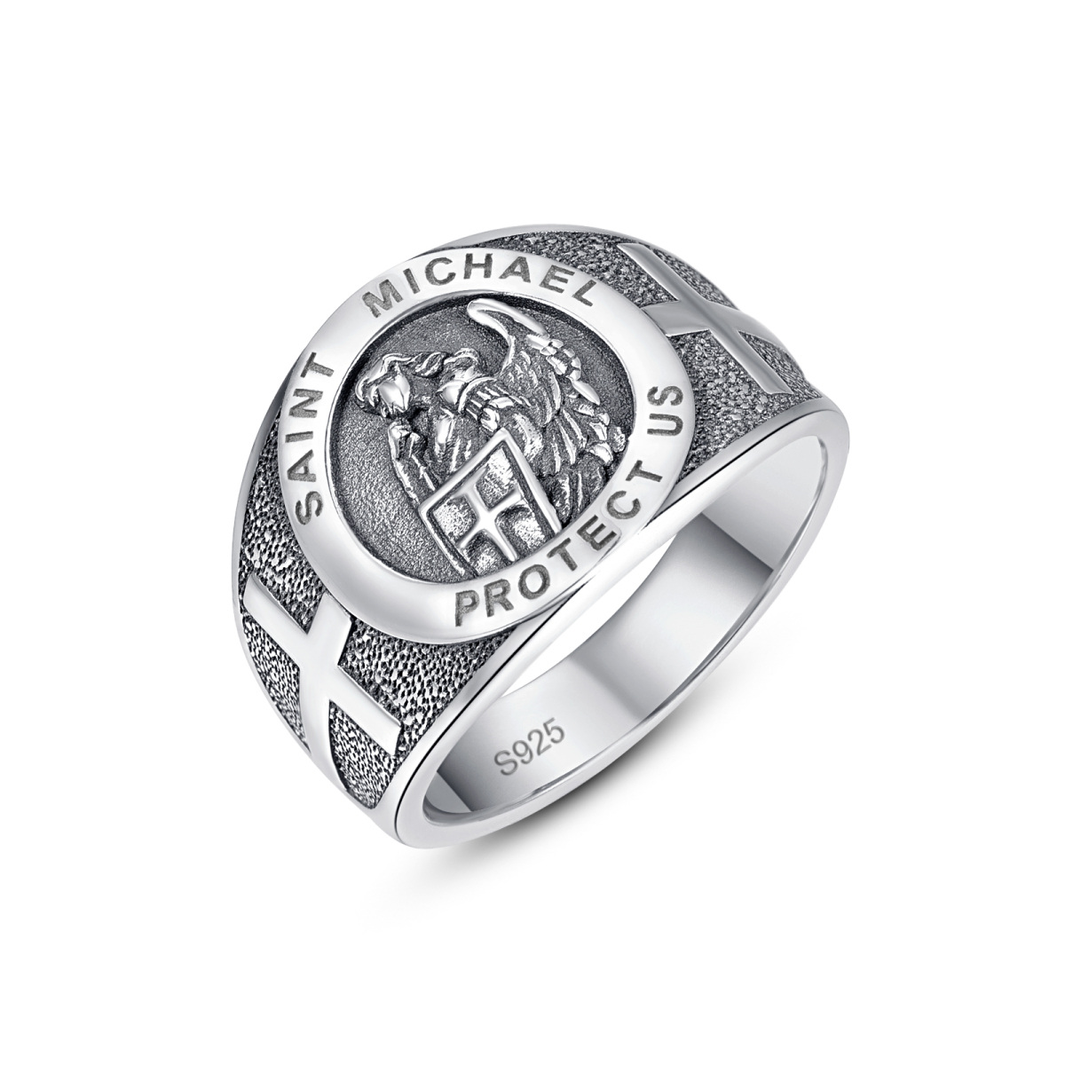 Bague Croix Saint Michel en Argent Sterling avec Mot Gravé pour Homme-1