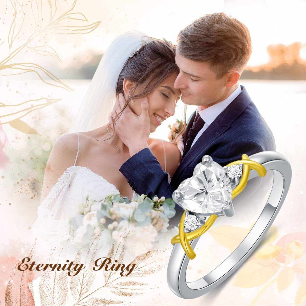 Sterling Silver Two-tone Heart Shaped Moissanite Personalized Engraving & Infinity Symbol Engagement Ring-5