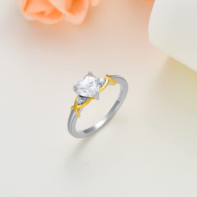 Anel de noivado com símbolo do infinito, prata esterlina, dois tons, formato de coração, moissanite, gravura personalizada-2