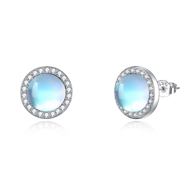 Sterling Silver Circular Shaped Cubic Zirconia & Moonstone Round Stud Earrings-1