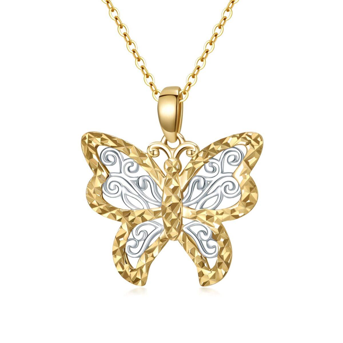 Collier à pendentif papillon en or blanc et or jaune 14K-1