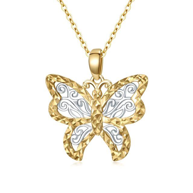 Colar com pingente de borboleta em ouro branco e ouro amarelo de 14K-0