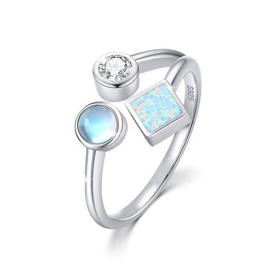 Srebrny, kwadratowy pierścionek z kamieniem księżycowym i opalem w kształcie księżniczki