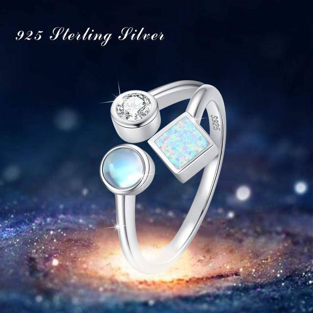 Sterling Silver Princess-square Shaped Moonstone & Opal Square Open Ring-4