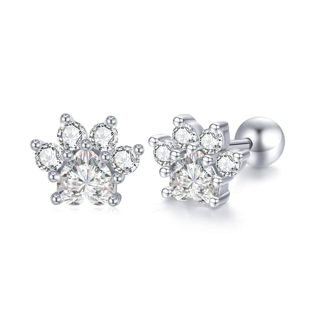 Sterling Silver Circular Shaped Cubic Zirconia Paw Stud Earrings-1