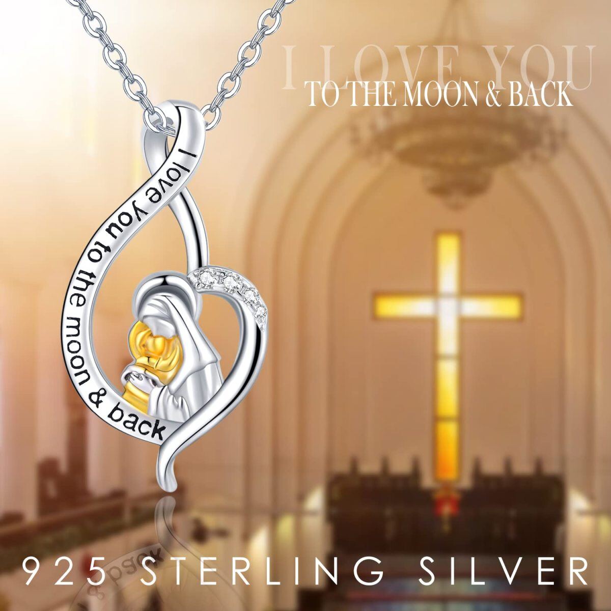 Sterling Silver Two-tone Infinity Symbol & Virgin Mary Pendant Necklace with Engraved Word-5