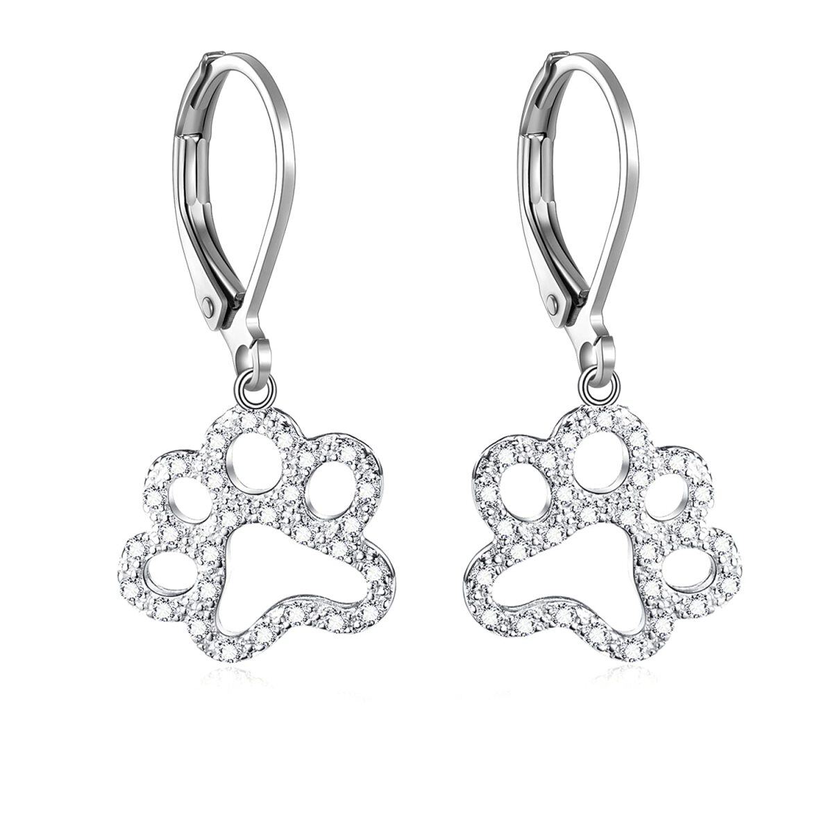 Sterling Silver Cubic Zirconia Paw Lever-back Earrings-3