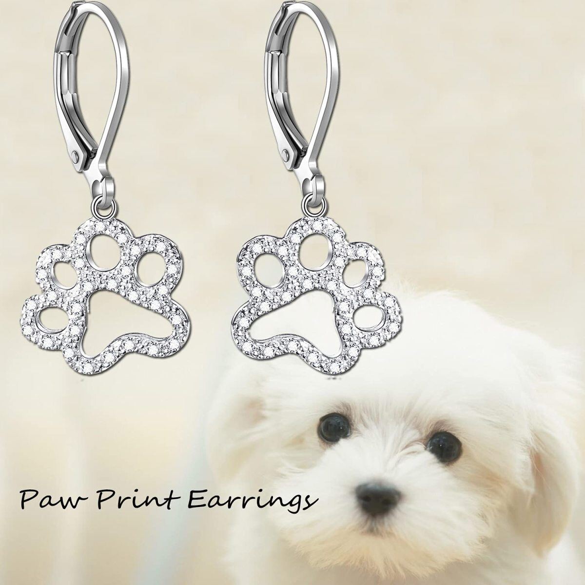 Sterling Silver Cubic Zirconia Paw Lever-back Earrings-4