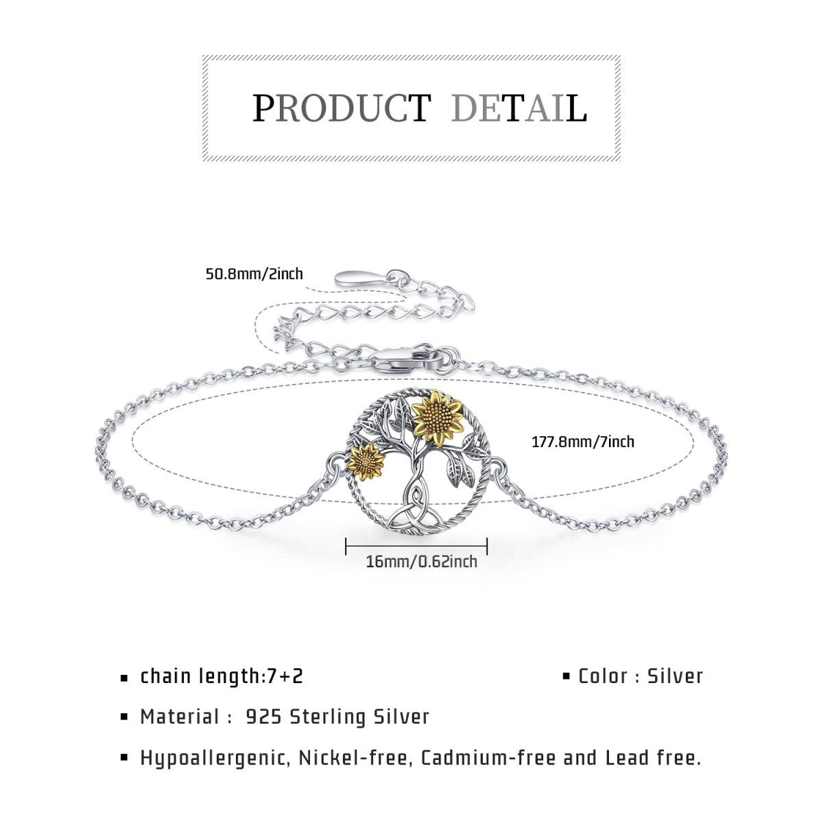 Bracelet en argent sterling avec pendentif tournesol, arbre de vie et nœud celtique bicolo-6