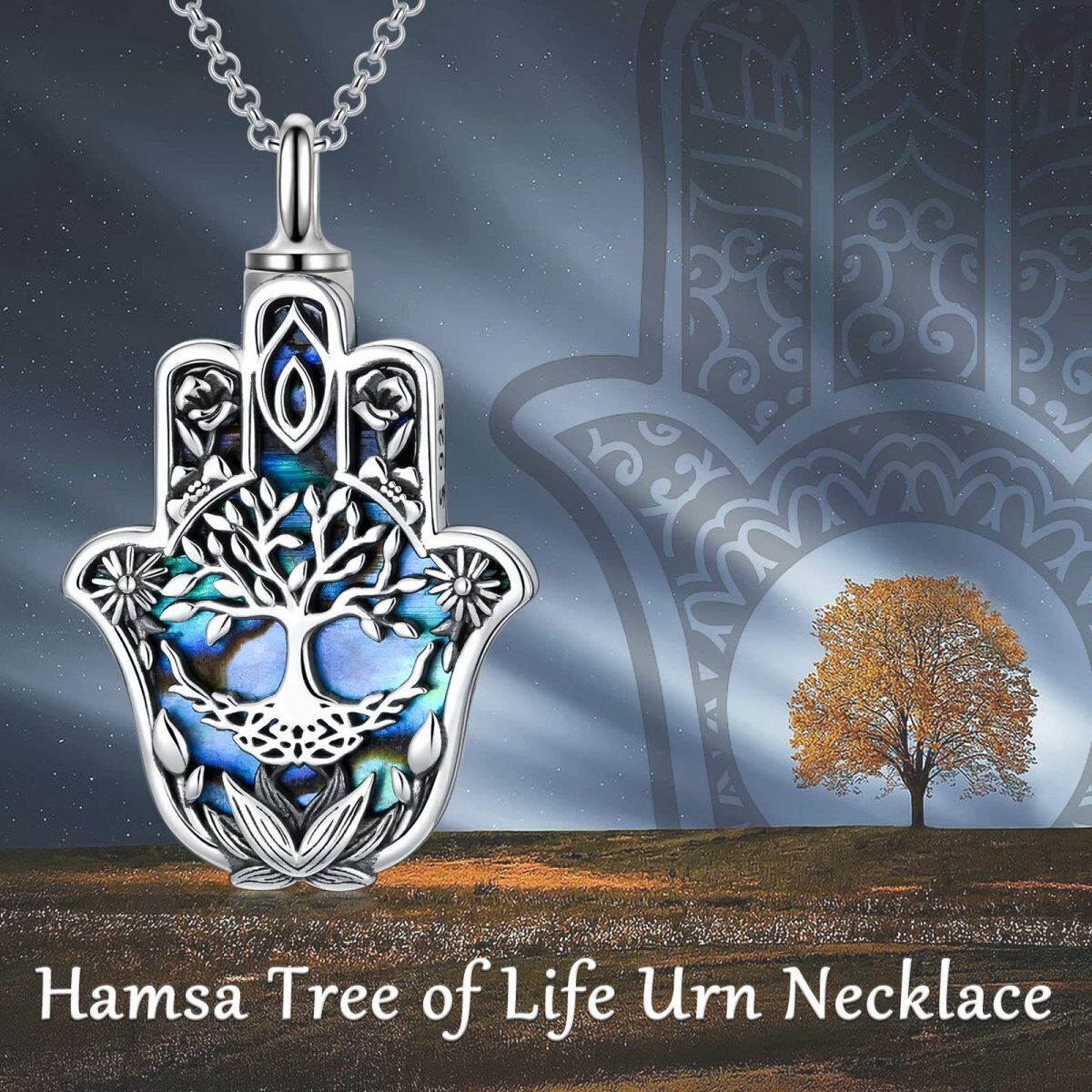 Urnen-Halskette aus Sterlingsilber mit Abalone-Muschel und Lebensbaum, Hamsa-Hand, für die Asche-6