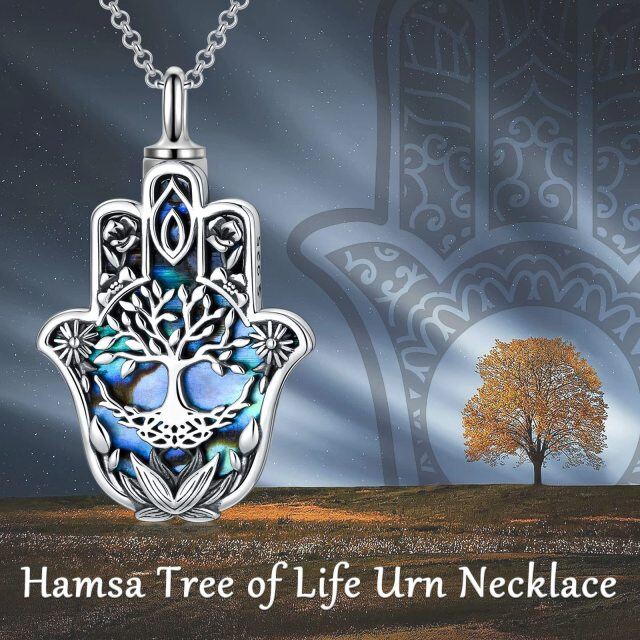 Sterling Silver Abalone Shellfish Tree Of Life & Hamsa Hand Urn Necklace for Ashes-5