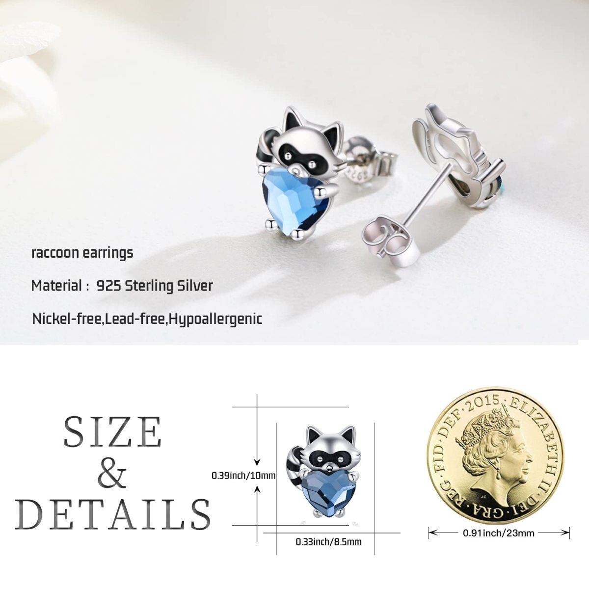 Sterling Silver Heart Crystal Raccoon & Heart Stud Earrings-6