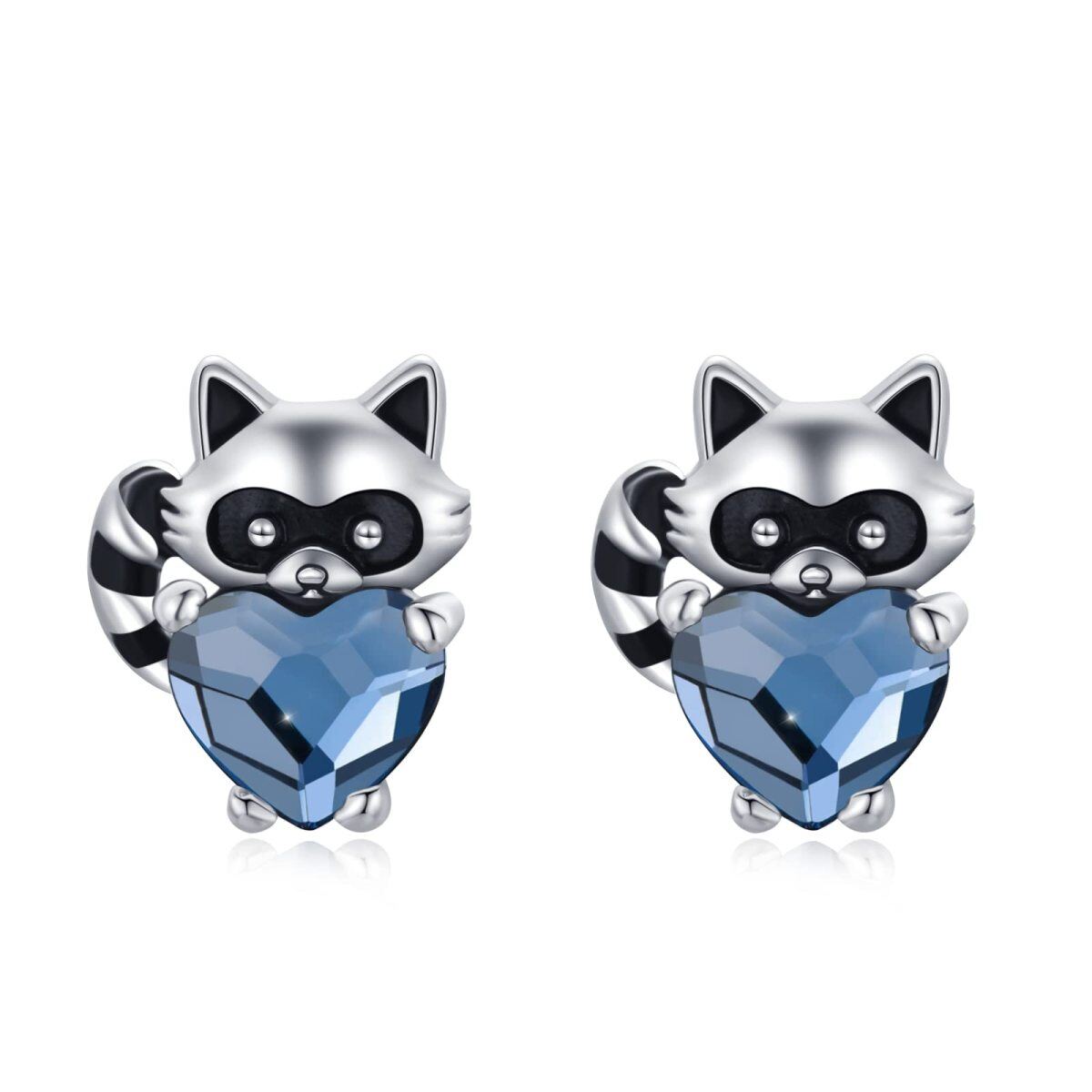 Sterling Silver Heart Crystal Raccoon & Heart Stud Earrings-1