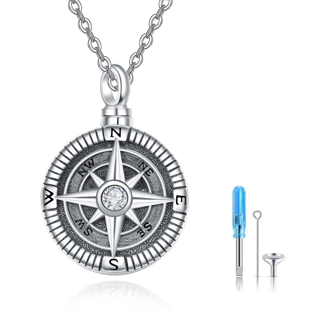 Sterling Silver Cubic Zirconia Vintage Compass Urn Necklace for Ashes-1
