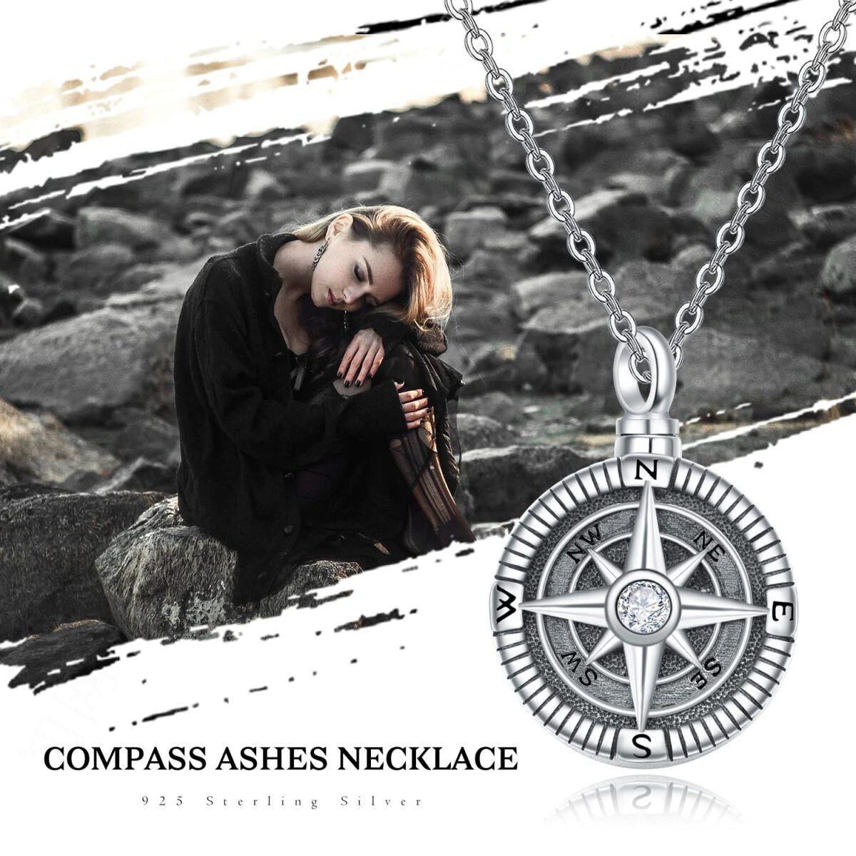 Sterling Silver Cubic Zirconia Vintage Compass Urn Necklace for Ashes-6