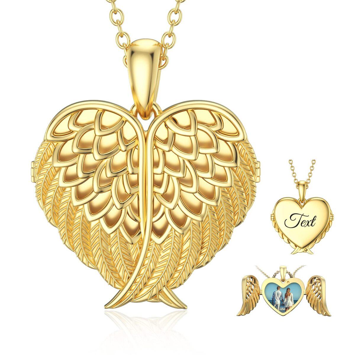 Collier en argent sterling et plaqué or jaune avec aile d'ange. coeur. gravure personnalisée et médaillon avec photo personnalisée-1