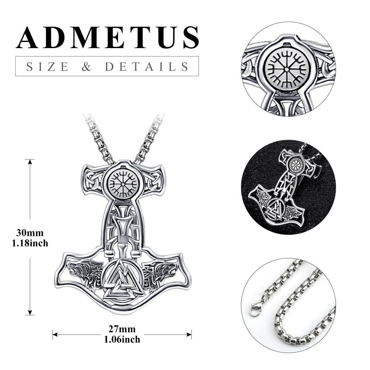 Collier en argent sterling avec pendentif marteau en forme de rune et d'arme viking pour homme-5