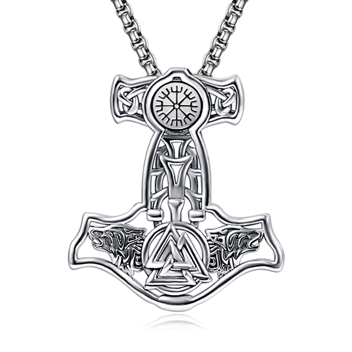 Sterling Silver Viking Rune Weapon Spearhead Talisman Hammer Pendant Necklace for Men-1