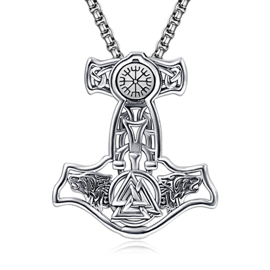 Sterling Silver Viking Rune Weapon Spearhead Talisman Hammer Pendant Necklace for Men