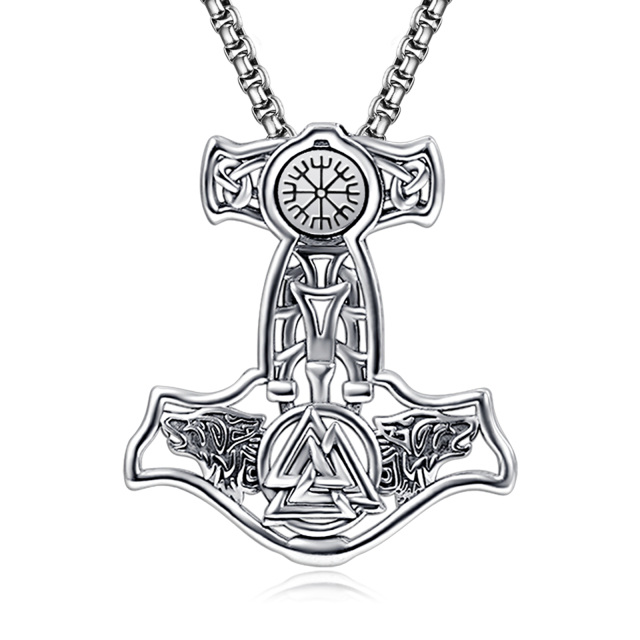 Sterling Silver Viking Rune Weapon Spearhead Talisman Hammer Pendant Necklace for Men-0