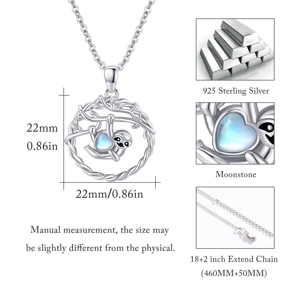 Collar de plata de ley con forma de corazón de piedra lunar con colgante de perezoso-5