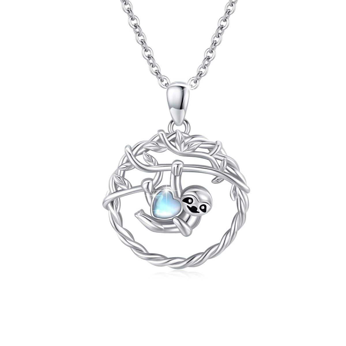 Sterling Silver Heart Shaped Moonstone Sloth Pendant Necklace-1
