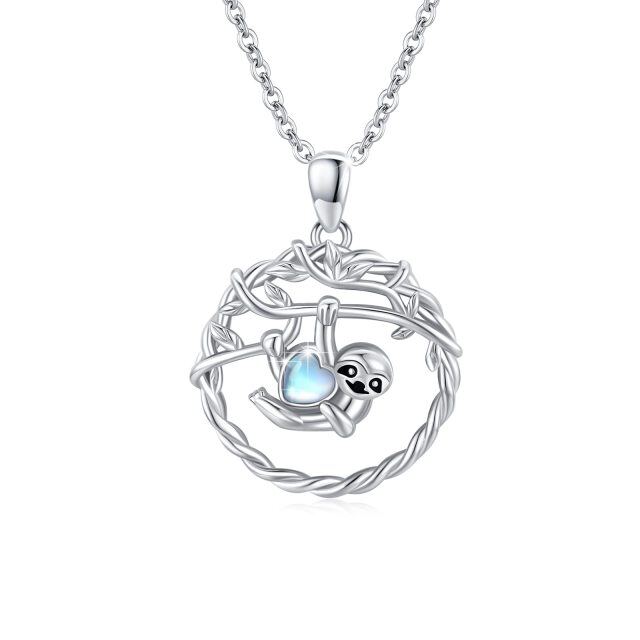 Sterling Silver Heart Shaped Moonstone Sloth Pendant Necklace-0
