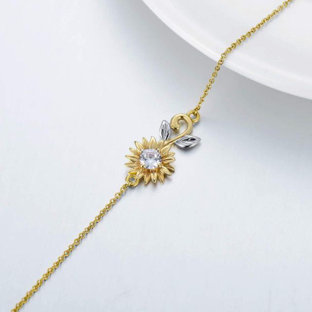 14K Gold Circular Shaped Cubic Zirconia Sunflower Pendant Necklace-3