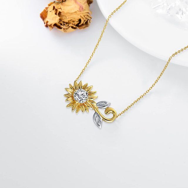 14K Gold Circular Shaped Cubic Zirconia Sunflower Pendant Necklace-2
