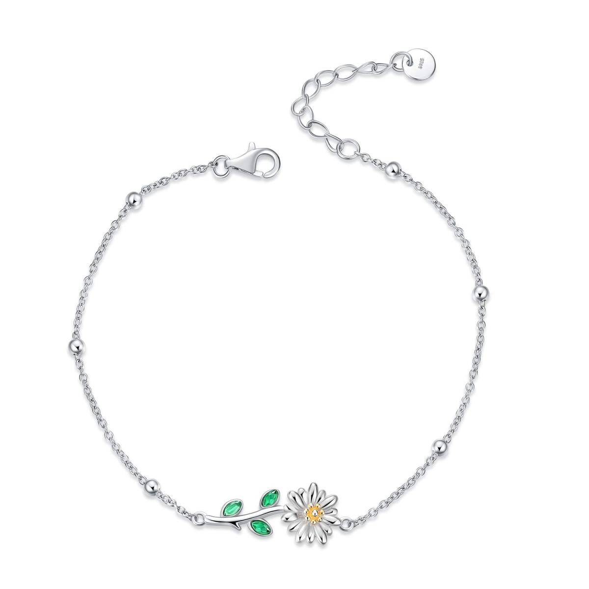 Sterling Silver Two-tone Marquise Shaped Crystal Daisy Pendant Bracelet-1
