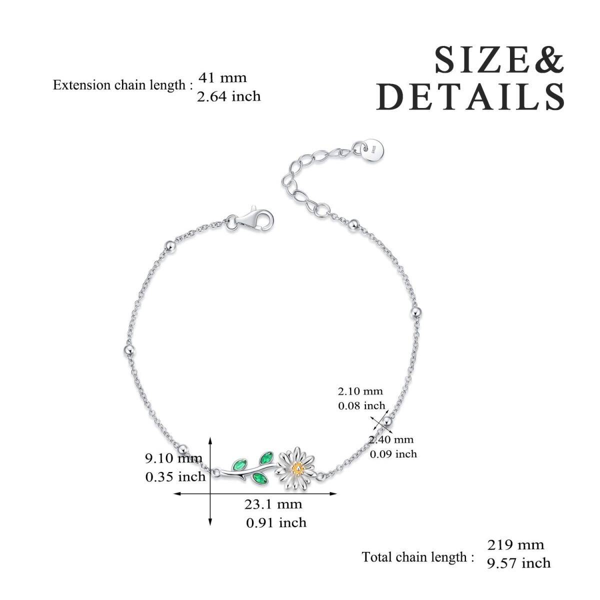 Sterling Silver Two-tone Marquise Shaped Crystal Daisy Pendant Bracelet-5