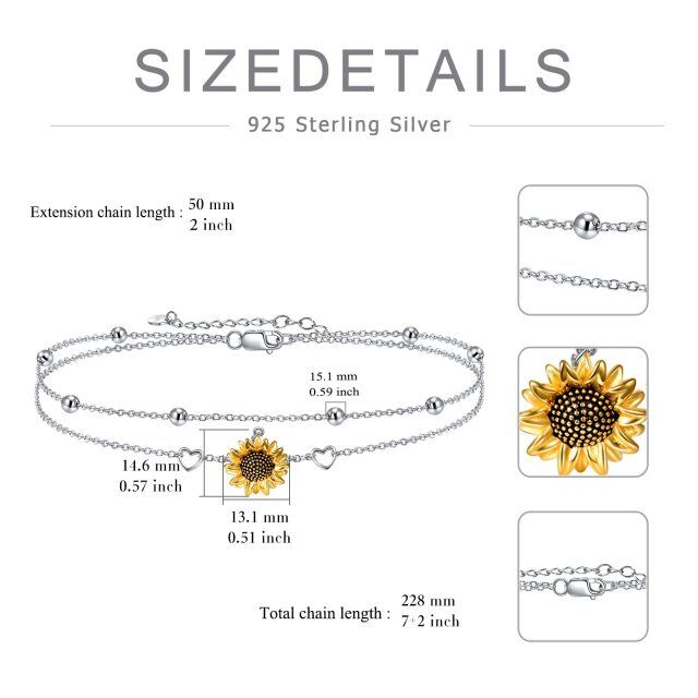 Sterling Silver Two-tone Sunflower & Heart Layerered Bracelet-4