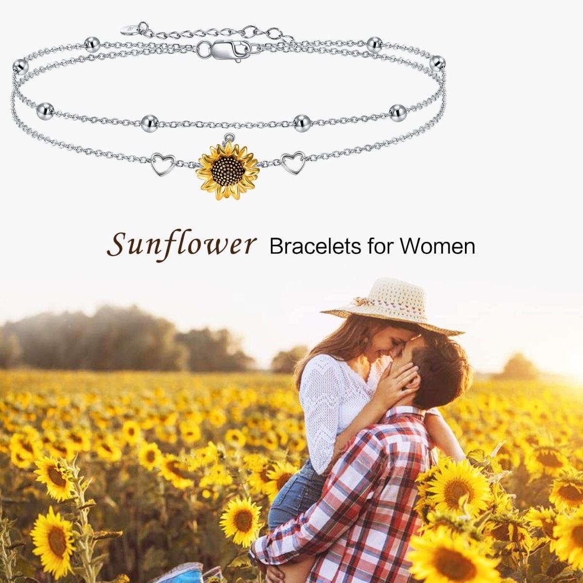 Sterling Silver Two-tone Sunflower & Heart Layerered Bracelet-6