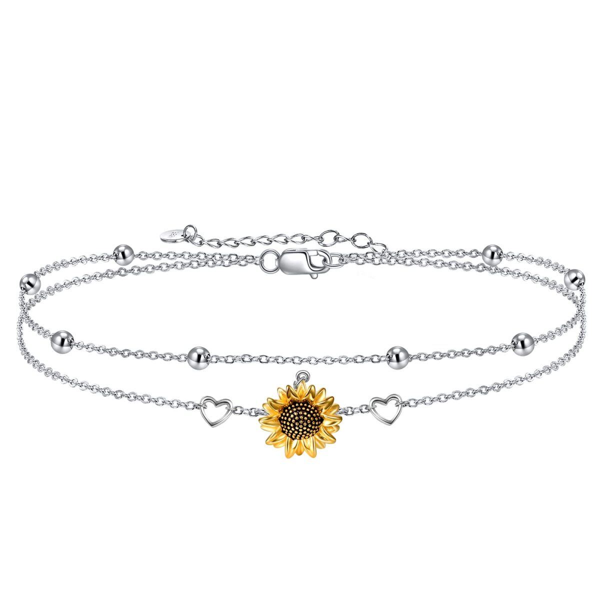 Bracelet en argent sterling bicolore avec fleur de tournesol et coeur superposés-1