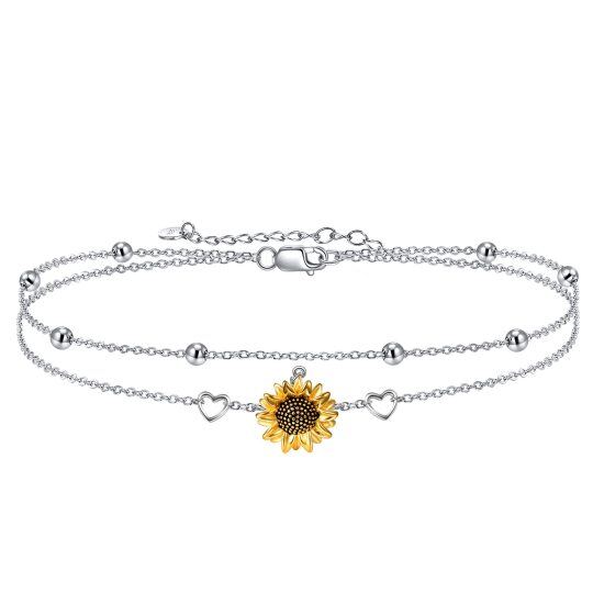 Bracciale bicolore in argento sterling con girasoli e cuori a strati