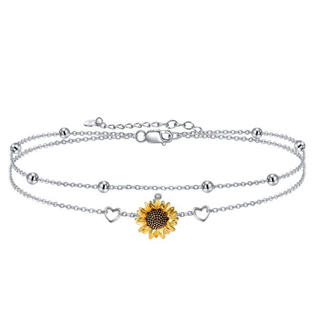 Sterling Silver Two-tone Sunflower & Heart Layerered Bracelet-0