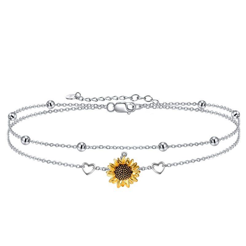 Bracelet en argent sterling bicolore avec fleur de tournesol et coeur superposés
