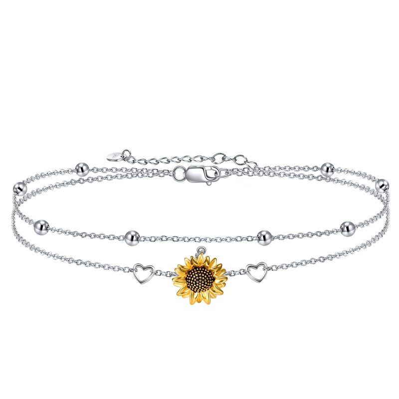 Pulsera bicolor girasol y corazón en plata de ley