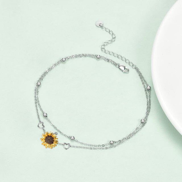 Sterling Silver Two-tone Sunflower & Heart Layerered Bracelet-3