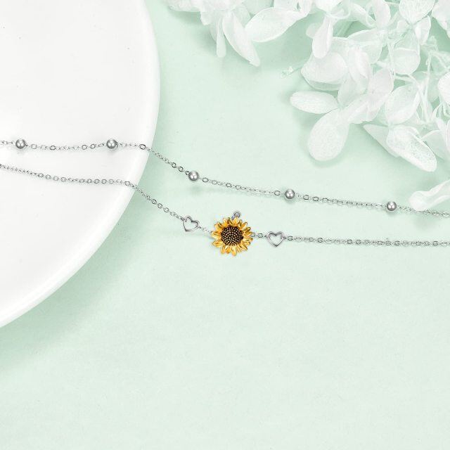 Bracelet en argent sterling bicolore avec fleur de tournesol et coeur superposés-2