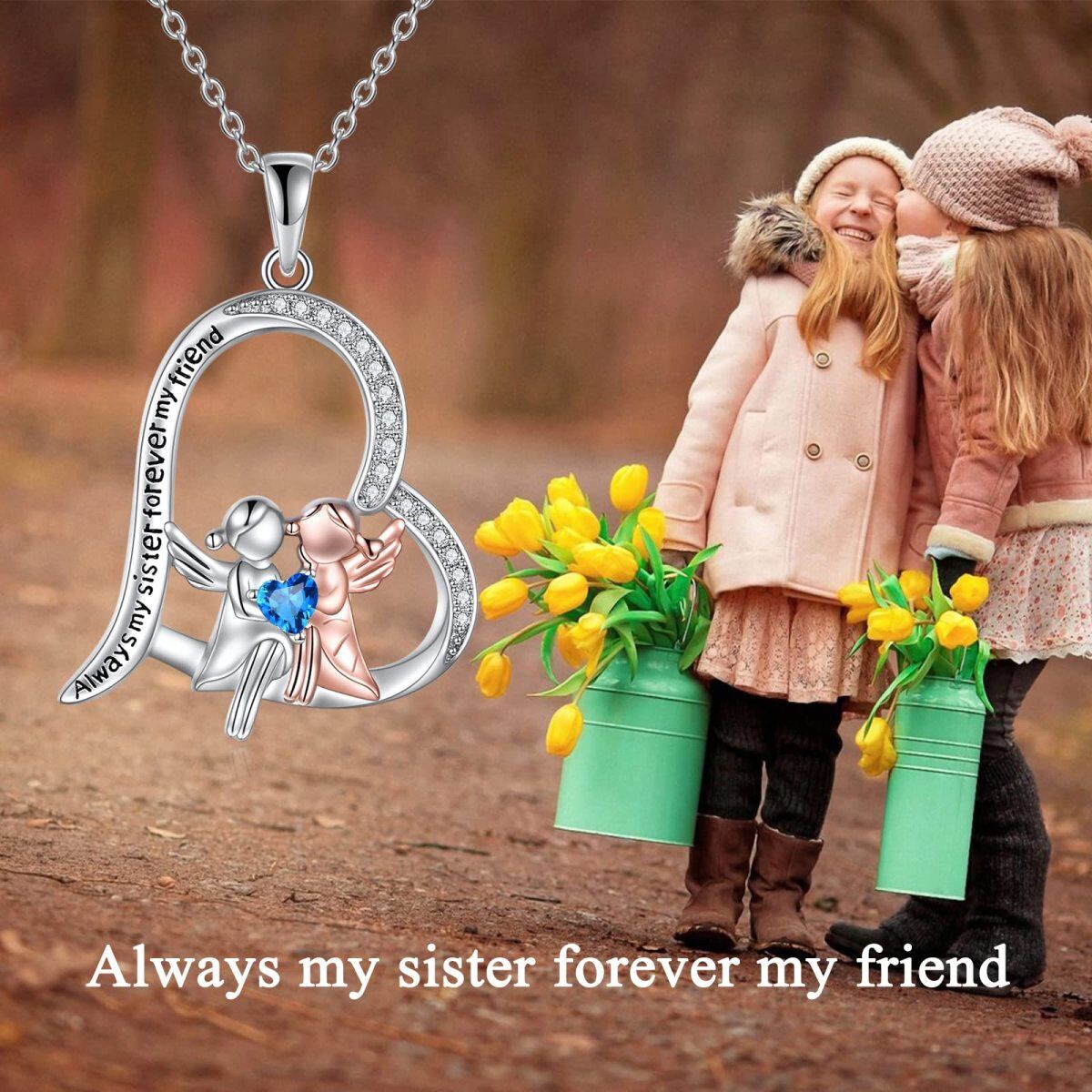 Sterling Silver Two-tone Cubic Zirconia Sisters Pendant Necklace with Engraved Word-6