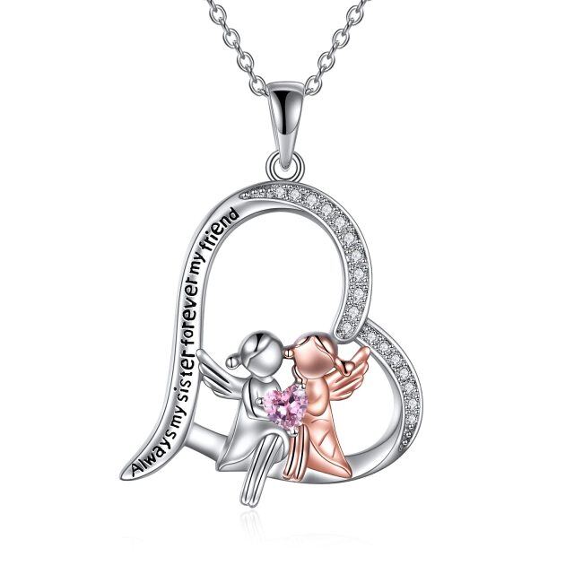 Collana con ciondolo per sorelle in argento sterling bicolore con zirconia cubica e parola incisa-1