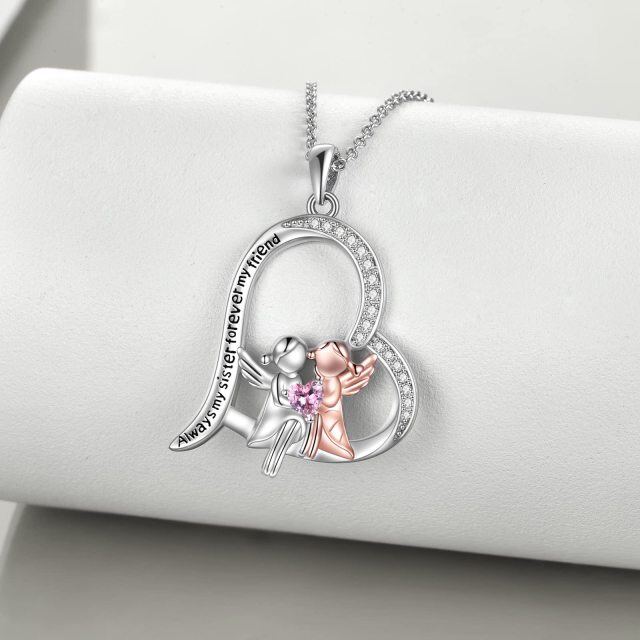 Collana con ciondolo per sorelle in argento sterling bicolore con zirconia cubica e parola incisa-3