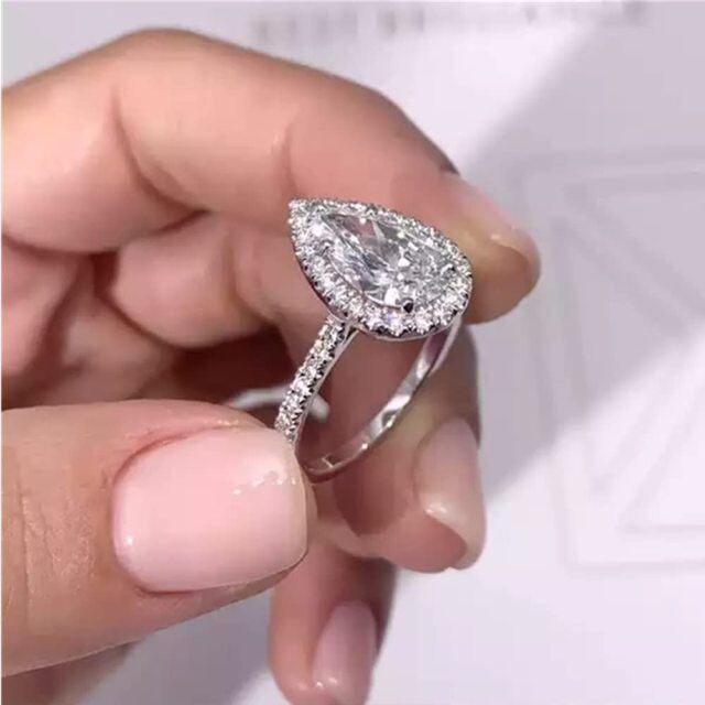 Sterling Silver Pear Shaped Moissanite Personalized Engraving Engagement Ring-3