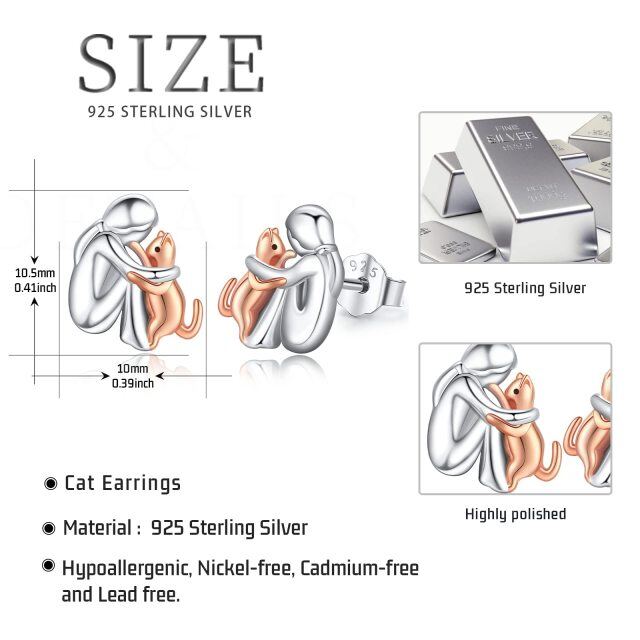 Sterling Silver Two-tone Cat Stud Earrings-6