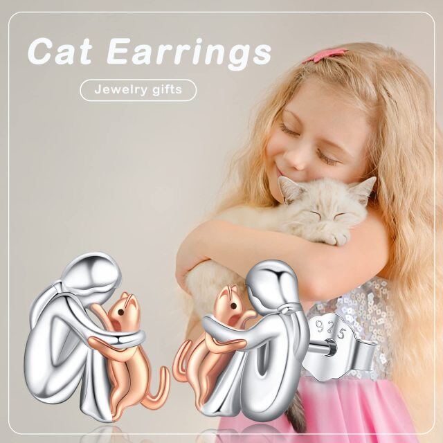Sterling Silver Two-tone Cat Stud Earrings-4