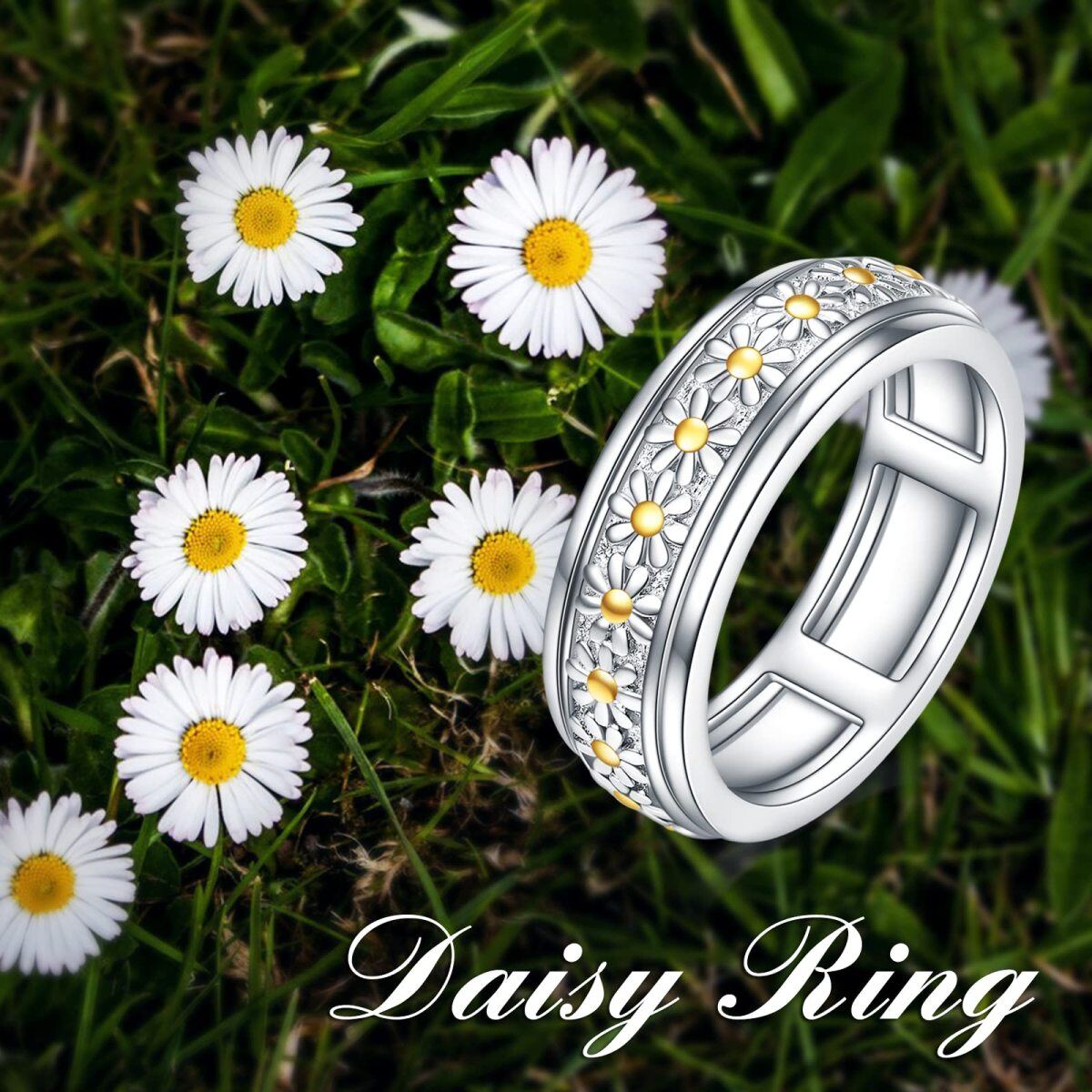 Sterling Silber Zweifarbiger Gänseblümchen Spinner Ring-6