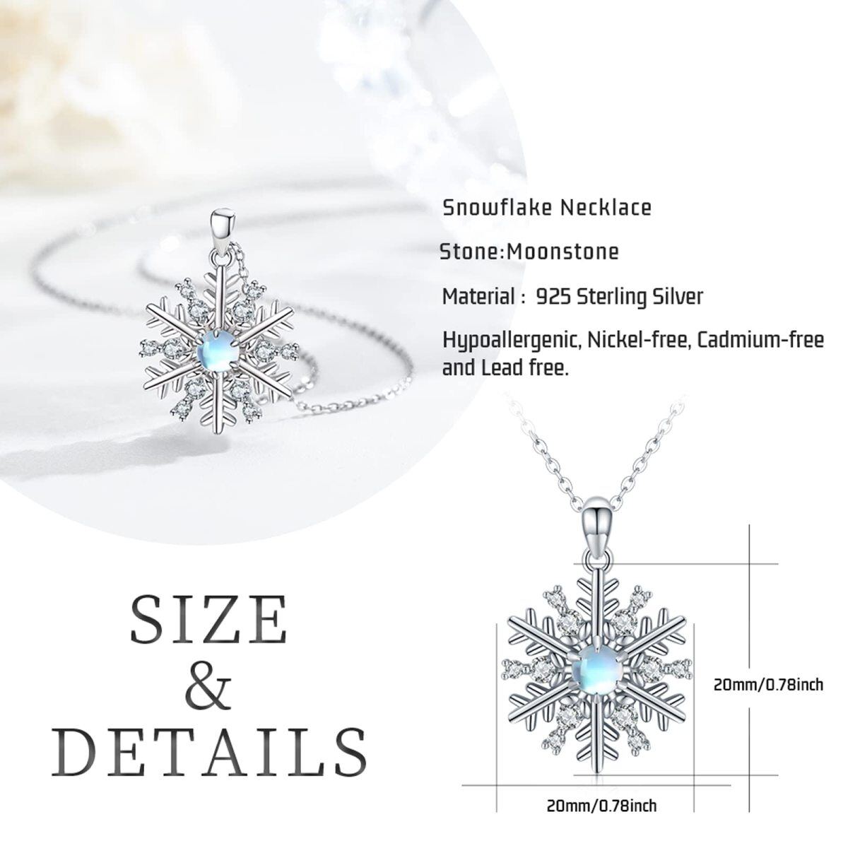 Sterling Silver Circular Shaped Moonstone & Cubic Zirconia Snowflake Pendant Necklace-6
