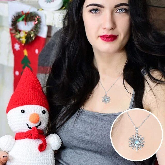 Sterling Silver Circular Shaped Moonstone & Cubic Zirconia Snowflake Pendant Necklace-2